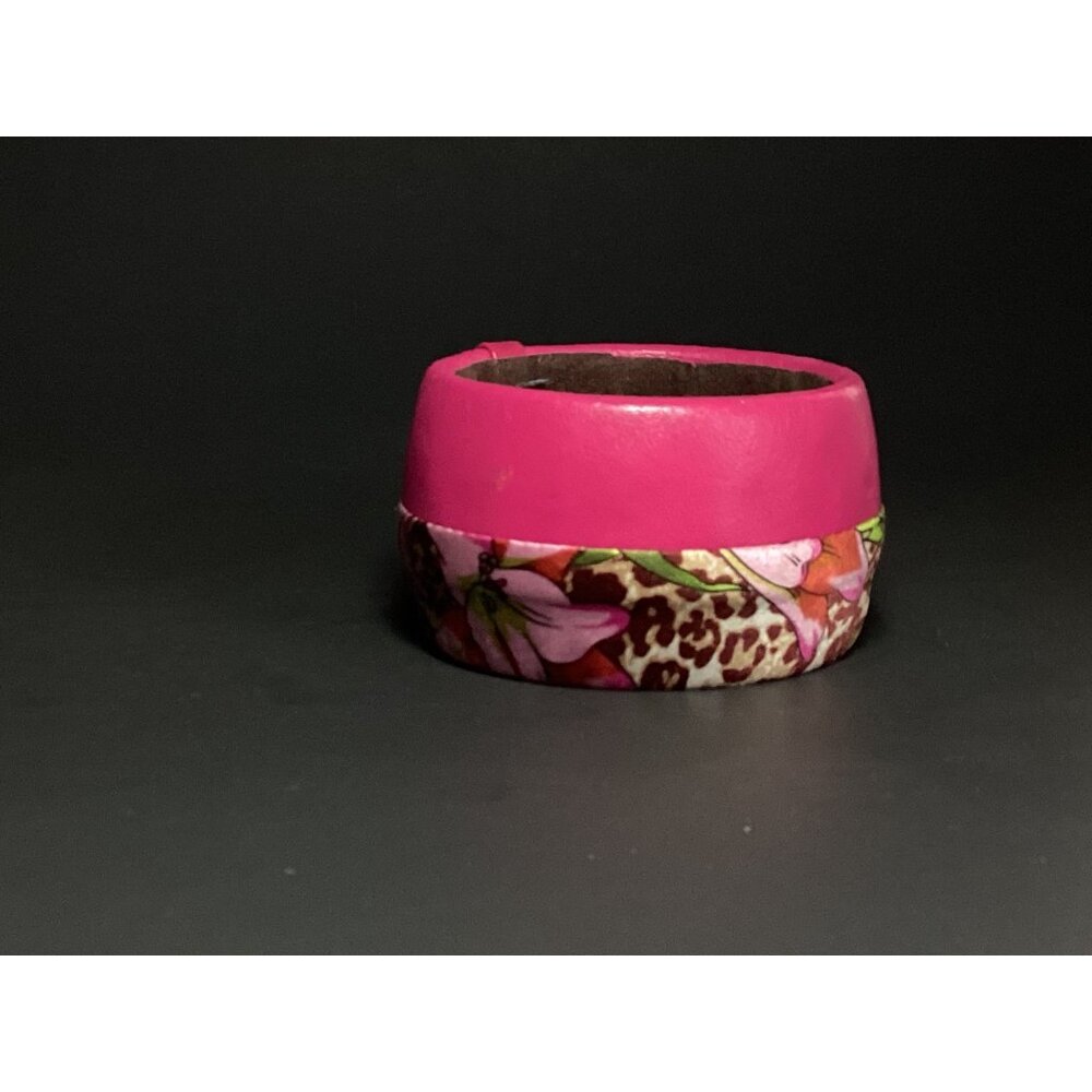 Tasha Chunky Wide Leather and Silk Bangle Bracelet in Pink Floral & Leopardskin - Picture 5 of 7